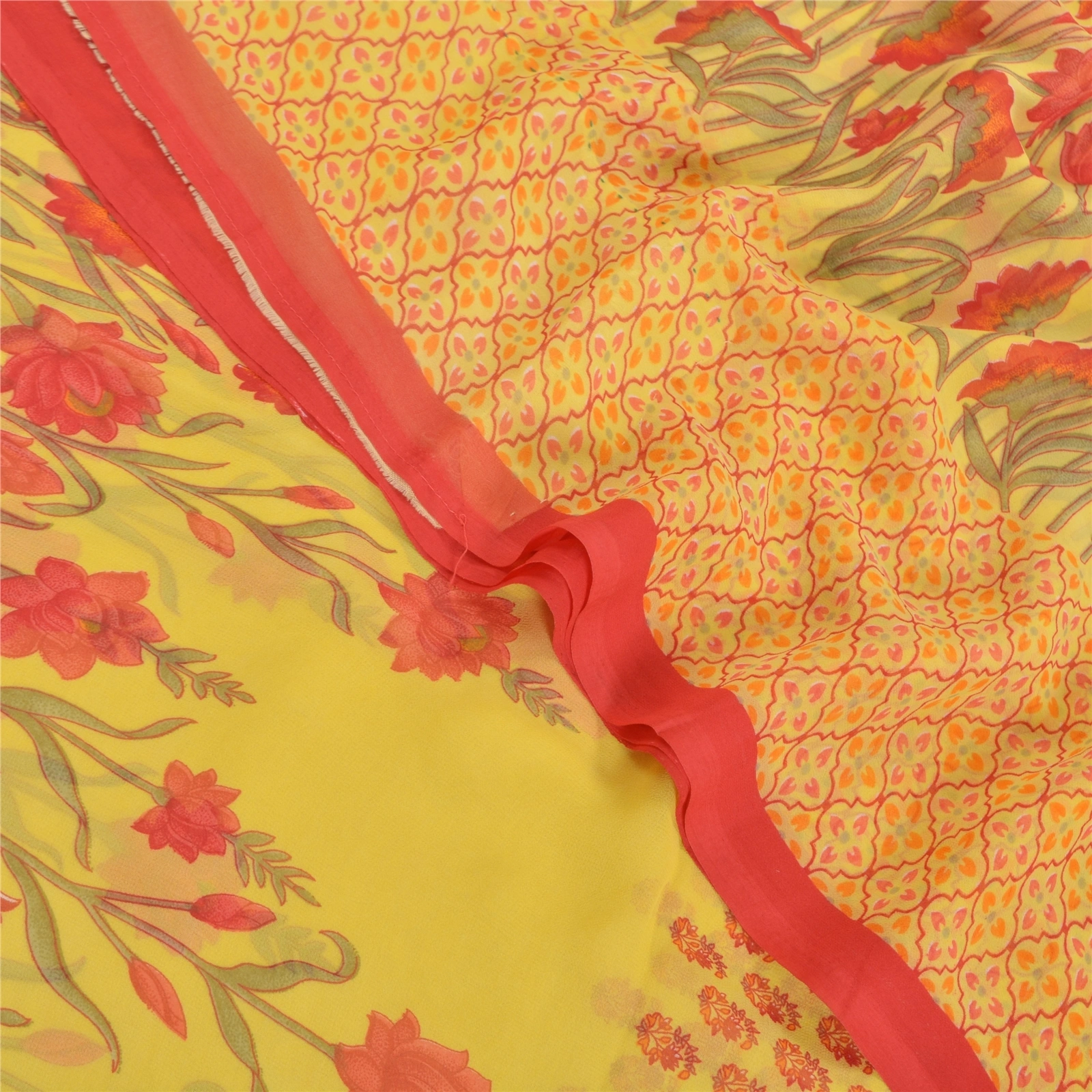 Sanskriti Vintage Sarees Yellow Georgette Printed Sari 5Yd Floral Craft Fabric, PRG-8699-Yellow-Printed Floral Design-Georgette-1