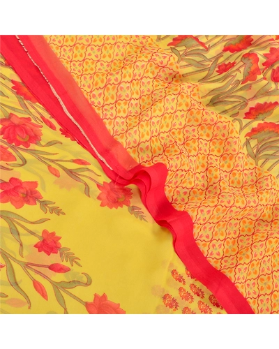 Sanskriti Vintage Sarees Yellow Georgette Printed Sari 5Yd Floral Craft Fabric, PRG-8699-Yellow-Printed Floral Design-Georgette-1
