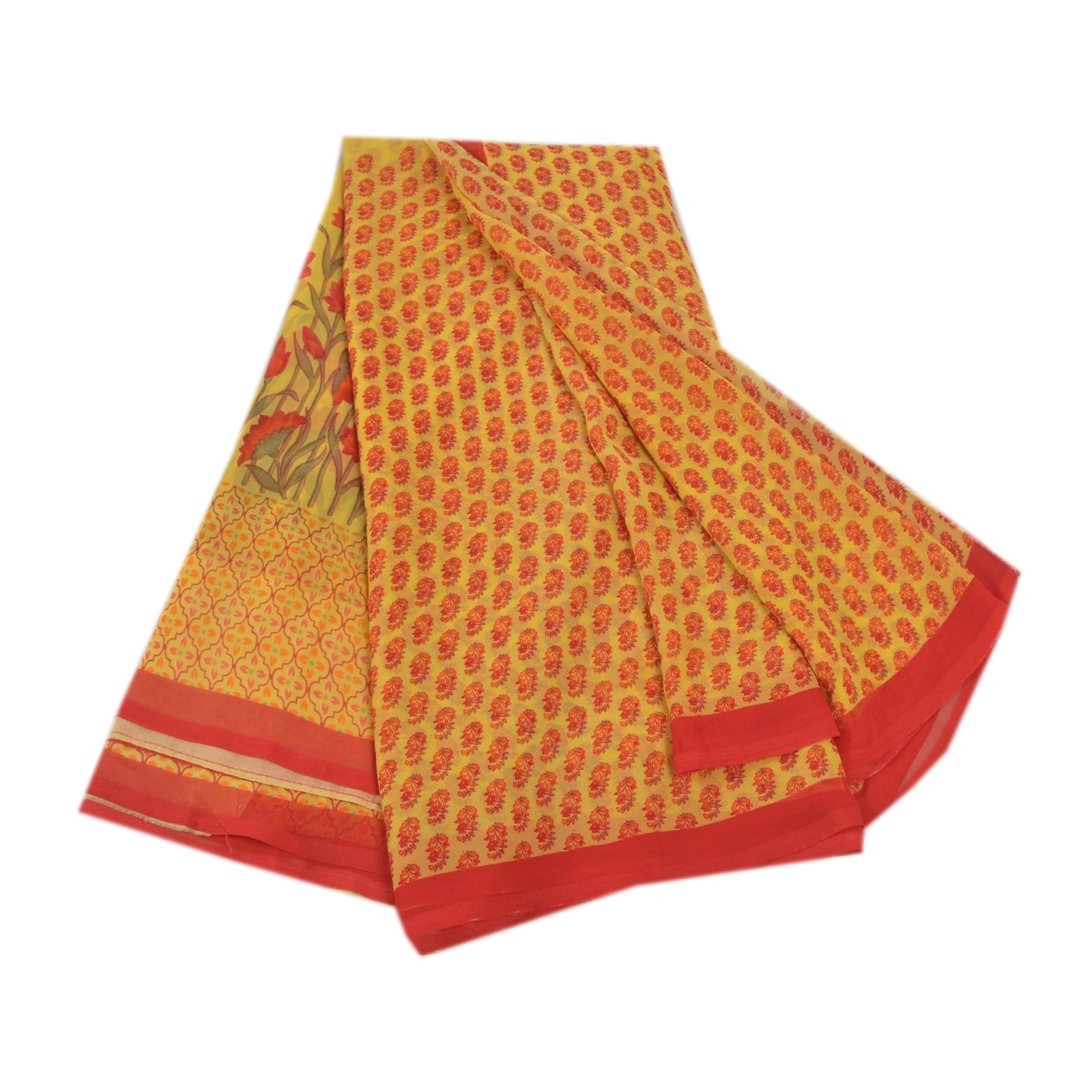 Sanskriti Vintage Sarees Yellow Georgette Printed Sari 5Yd Floral Craft Fabric, PRG-8699-Yellow-Printed Floral Design-Georgette-2