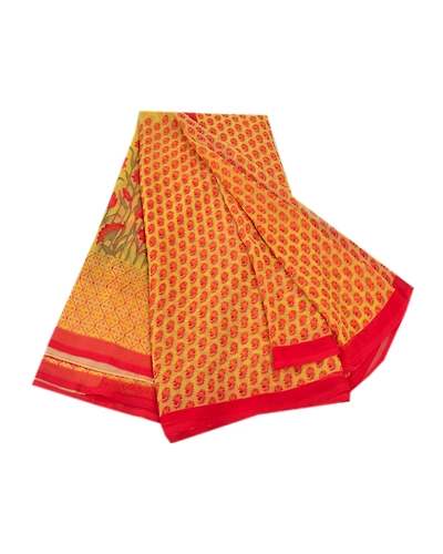 Sanskriti Vintage Sarees Yellow Georgette Printed Sari 5Yd Floral Craft Fabric, PRG-8699-Yellow-Printed Floral Design-Georgette-2
