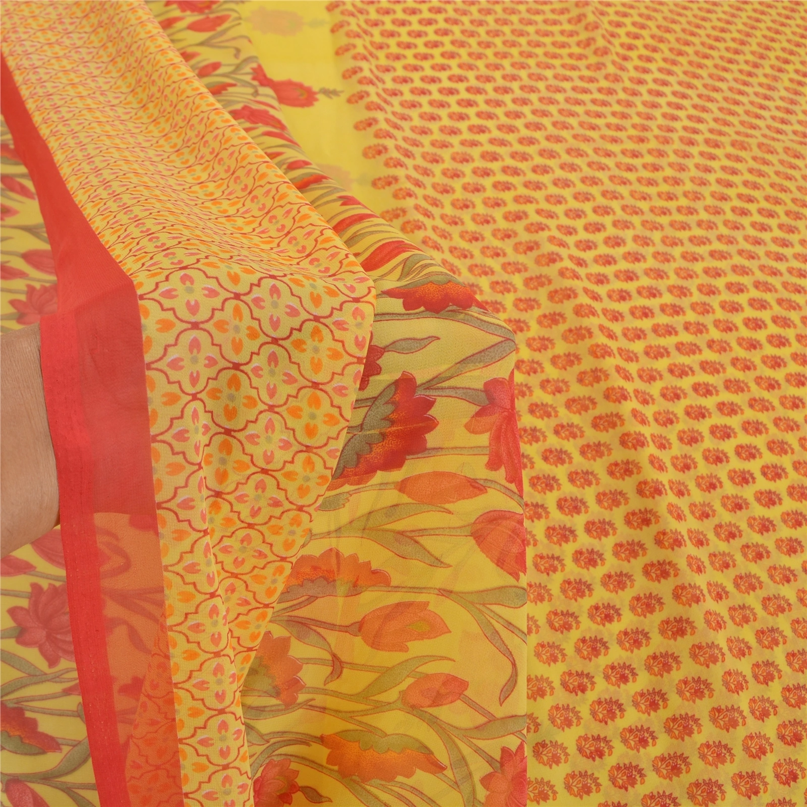 Sanskriti Vintage Sarees Yellow Georgette Printed Sari 5Yd Floral Craft Fabric, PRG-8699-Yellow-Printed Floral Design-Georgette-4