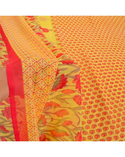 Sanskriti Vintage Sarees Yellow Georgette Printed Sari 5Yd Floral Craft Fabric, PRG-8699-Yellow-Printed Floral Design-Georgette-4