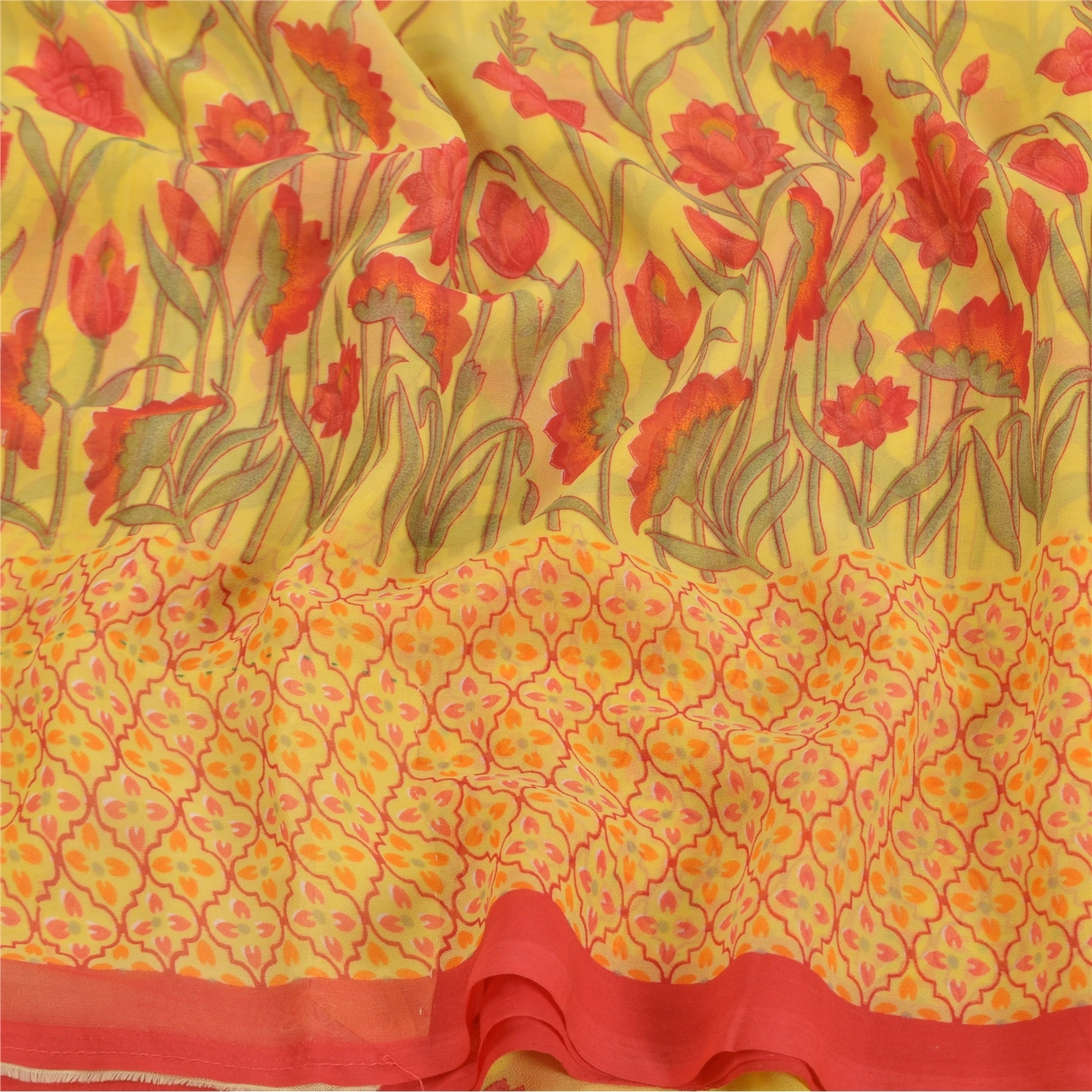 Sanskriti Vintage Sarees Yellow Georgette Printed Sari 5Yd Floral Craft Fabric, PRG-8699-Yellow-Printed Floral Design-Georgette-6