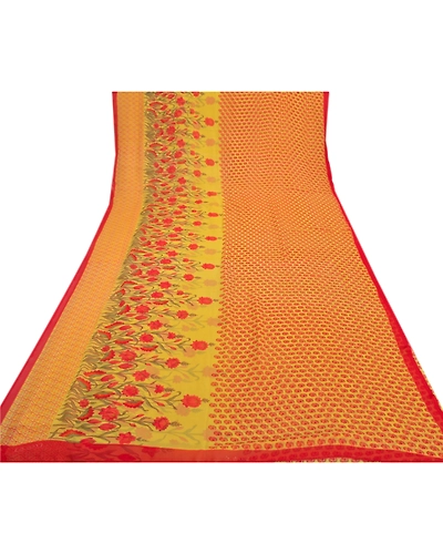 Sanskriti Vintage Sarees Yellow Georgette Printed Sari 5Yd Floral Craft Fabric, PRG-8699-Yellow-Printed Floral Design-Georgette-8