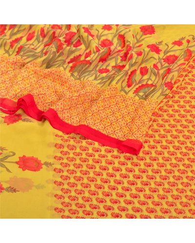 Sanskriti Vintage Sarees Yellow Georgette Printed Sari 5Yd Floral Craft Fabric, PRG-8699-Yellow-Printed Floral Design-Georgette-9