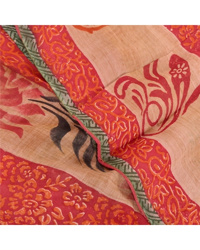 Sanskriti Vintage Red Saree Blend Georgette Printed Sari 5 Yard Craft Fabric, PRG-8709-Red-Printed Floral Design-Blend Georgette-1