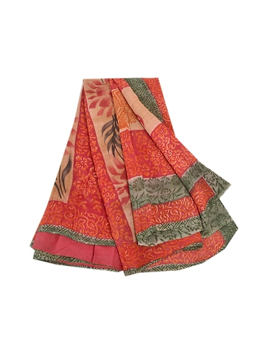 Sanskriti Vintage Red Saree Blend Georgette Printed Sari 5 Yard Craft Fabric, PRG-8709-Red-Printed Floral Design-Blend Georgette-2