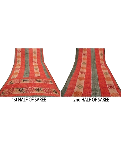Sanskriti Vintage Red Saree Blend Georgette Printed Sari 5 Yard Craft Fabric, PRG-8709-Red-Printed Floral Design-Blend Georgette-5