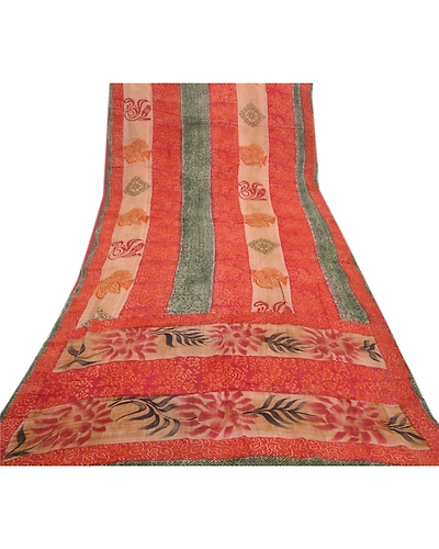 Sanskriti Vintage Red Saree Blend Georgette Printed Sari 5 Yard Craft Fabric, PRG-8709-Red-Printed Floral Design-Blend Georgette-8