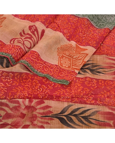 Sanskriti Vintage Red Saree Blend Georgette Printed Sari 5 Yard Craft Fabric, PRG-8709-Red-Printed Floral Design-Blend Georgette-9