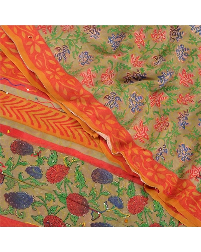 Sanskriti Vintage Green Sarees Pure Georgette Silk Print Hand Beaded Sari Fabric, PRG-8738-Green-Printed Floral Design-Pure Georgette Silk-1