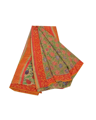 Sanskriti Vintage Green Sarees Pure Georgette Silk Print Hand Beaded Sari Fabric, PRG-8738-Green-Printed Floral Design-Pure Georgette Silk-2