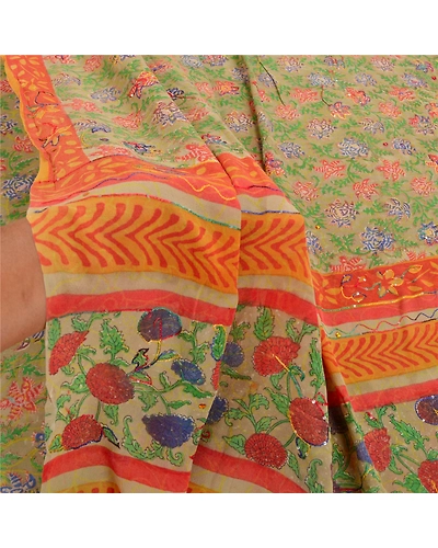 Sanskriti Vintage Green Sarees Pure Georgette Silk Print Hand Beaded Sari Fabric, PRG-8738-Green-Printed Floral Design-Pure Georgette Silk-4