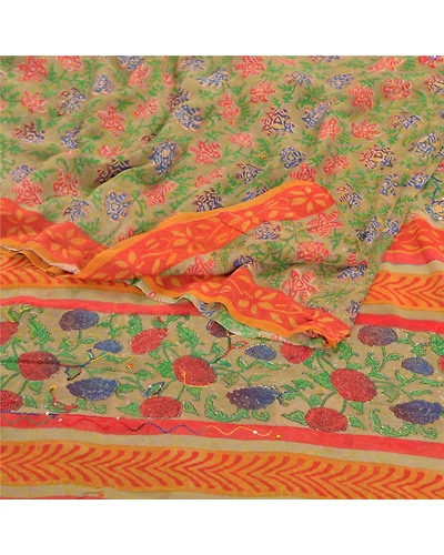 Sanskriti Vintage Green Sarees Pure Georgette Silk Print Hand Beaded Sari Fabric, PRG-8738-Green-Printed Floral Design-Pure Georgette Silk-7