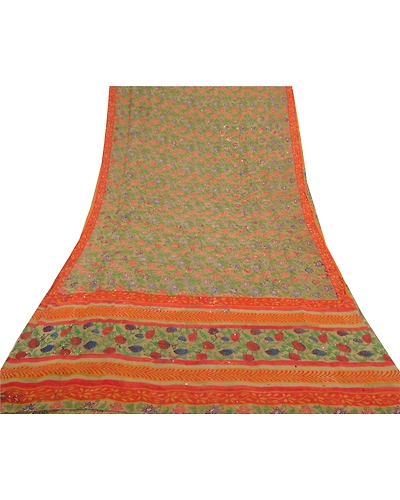 Sanskriti Vintage Green Sarees Pure Georgette Silk Print Hand Beaded Sari Fabric, PRG-8738-Green-Printed Floral Design-Pure Georgette Silk-8