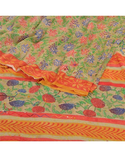 Sanskriti Vintage Green Sarees Pure Georgette Silk Print Hand Beaded Sari Fabric, PRG-8738-Green-Printed Floral Design-Pure Georgette Silk-9