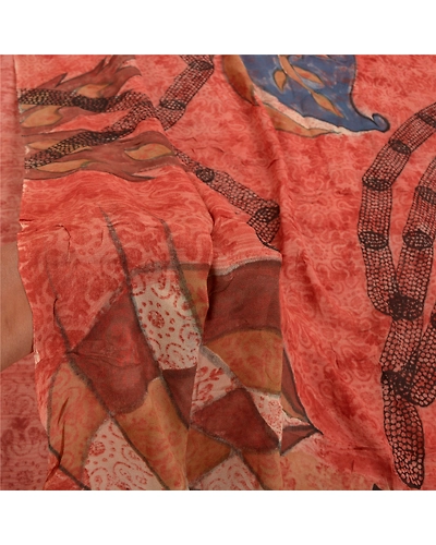 Sanskriti Vintage Peach Saree Blend Georgette Printed Sari 5 Yard Craft Fabric, PRG-8754-Peach-Printed Floral Design-Blend Georgette-4