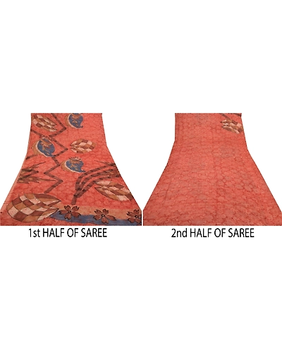 Sanskriti Vintage Peach Saree Blend Georgette Printed Sari 5 Yard Craft Fabric, PRG-8754-Peach-Printed Floral Design-Blend Georgette-5