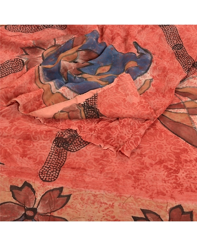 Sanskriti Vintage Peach Saree Blend Georgette Printed Sari 5 Yard Craft Fabric, PRG-8754-Peach-Printed Floral Design-Blend Georgette-7