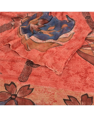 Sanskriti Vintage Peach Saree Blend Georgette Printed Sari 5 Yard Craft Fabric, PRG-8754-Peach-Printed Floral Design-Blend Georgette-9