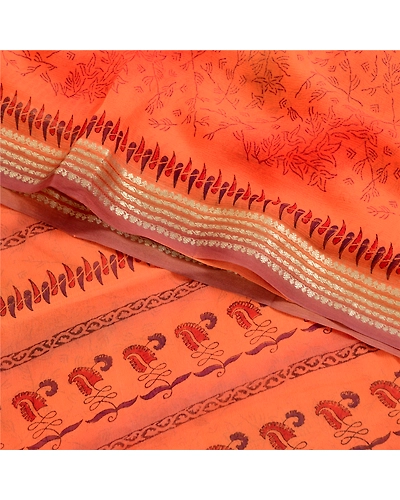 Sanskriti Vintage Sarees Orange Pure Chiffon Silk Sari Zari Printed Craft Fabric, PRG-122-Orange-Printed Work-Pure Chiffon Silk-10