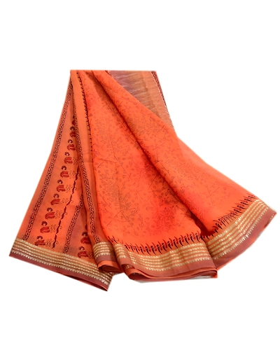 Sanskriti Vintage Sarees Orange Pure Chiffon Silk Sari Zari Printed Craft Fabric, PRG-122-Orange-Printed Work-Pure Chiffon Silk-11