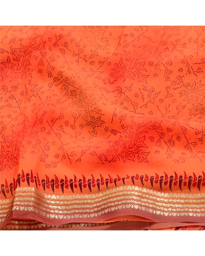 Sanskriti Vintage Sarees Orange Pure Chiffon Silk Sari Zari Printed Craft Fabric, PRG-122-Orange-Printed Work-Pure Chiffon Silk-15