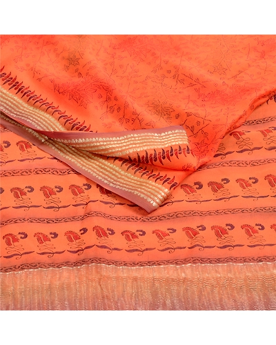 Sanskriti Vintage Sarees Orange Pure Chiffon Silk Sari Zari Printed Craft Fabric, PRG-122-Orange-Printed Work-Pure Chiffon Silk-18