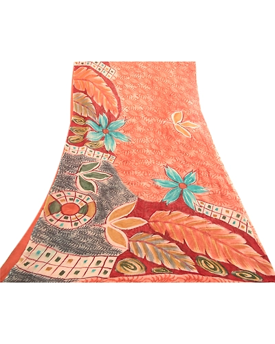 Sanskriti Vintage Red Indian Sarees Pure Georgette Silk Print Sari Craft Fabric, PRG-1267-Dark Red-Printed Floral Design-Pure Georgette Silk-17