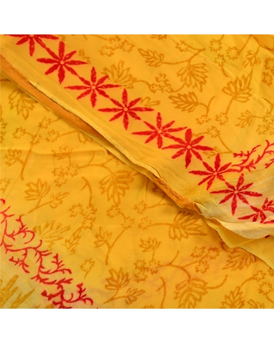 Sanskriti Vintage Yellow Indian Sarees Printed Blend Georgette Sari Craft Fabric, PRG-1434-Yellow-Printed Floral Design-Blend Georgette-10