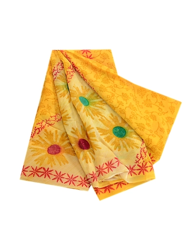 Sanskriti Vintage Yellow Indian Sarees Printed Blend Georgette Sari Craft Fabric, PRG-1434-Yellow-Printed Floral Design-Blend Georgette-11