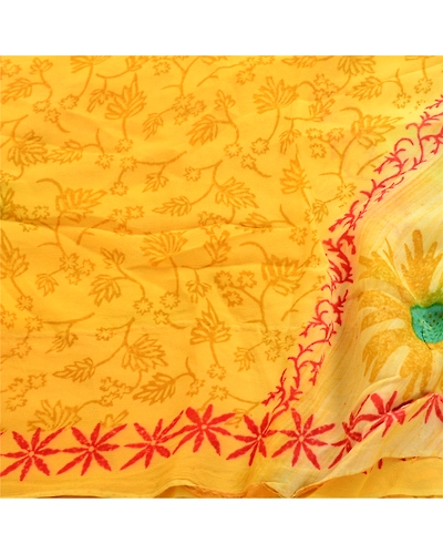 Sanskriti Vintage Yellow Indian Sarees Printed Blend Georgette Sari Craft Fabric, PRG-1434-Yellow-Printed Floral Design-Blend Georgette-15