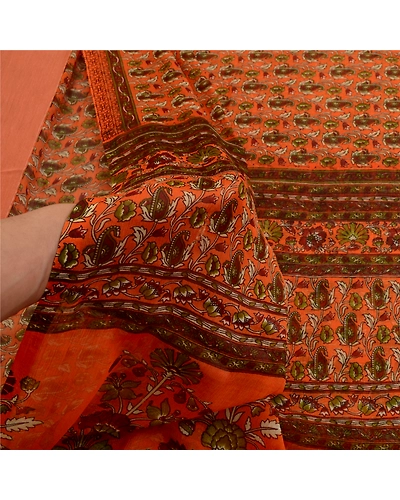 Sanskriti Vintage Orange Indian Sarees Chiffon Printed 5 Yd Sari Craft Fabric, PRG-1525-Orange-Printed Floral Design-Poly Chiffon-13