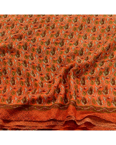 Sanskriti Vintage Orange Indian Sarees Chiffon Printed 5 Yd Sari Craft Fabric, PRG-1525-Orange-Printed Floral Design-Poly Chiffon-15