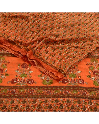 Sanskriti Vintage Orange Indian Sarees Chiffon Printed 5 Yd Sari Craft Fabric, PRG-1525-Orange-Printed Floral Design-Poly Chiffon-16