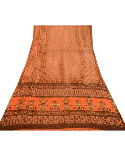 Sanskriti Vintage Orange Indian Sarees Chiffon Printed 5 Yd Sari Craft Fabric, PRG-1525-Orange-Printed Floral Design-Poly Chiffon-17