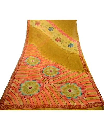 Sanskriti Vintage Green Sarees Pure Georgette Silk Printed Sari 5Yd Craft Fabric, PRG-1771-Green-Printed Floral Design-Pure Georgette Silk-17