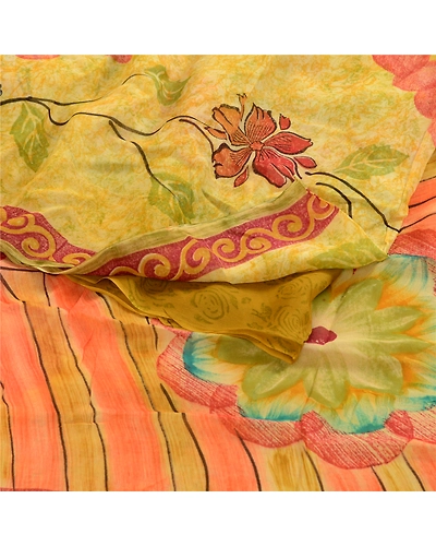 Sanskriti Vintage Green Sarees Pure Georgette Silk Printed Sari 5Yd Craft Fabric, PRG-1771-Green-Printed Floral Design-Pure Georgette Silk-18