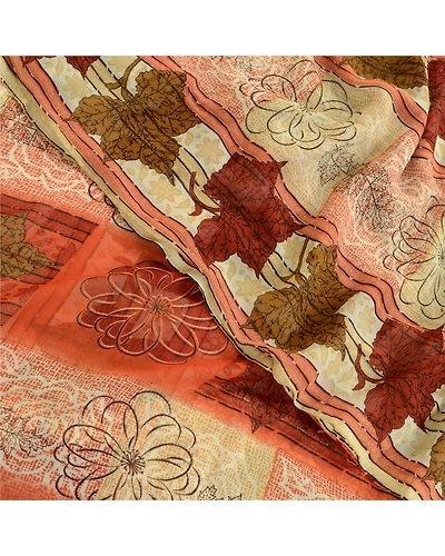 Sanskriti Vintage Sarees Indian Orange Georgette Sari Printed Soft Craft Fabric, PRG-1979-Orange-Printed Floral Design-Poly Georgette-10