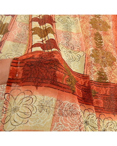 Sanskriti Vintage Sarees Indian Orange Georgette Sari Printed Soft Craft Fabric, PRG-1979-Orange-Printed Floral Design-Poly Georgette-13