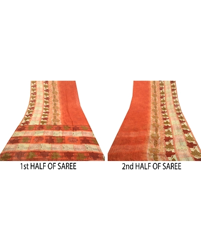 Sanskriti Vintage Sarees Indian Orange Georgette Sari Printed Soft Craft Fabric, PRG-1979-Orange-Printed Floral Design-Poly Georgette-14
