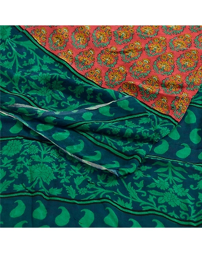 Sanskriti Vintage Sarees Indian Red Pure Georgette Silk Print Sari Craft Fabric, PRG-1997-Red-Printed Floral Design-Pure Georgette Silk-10