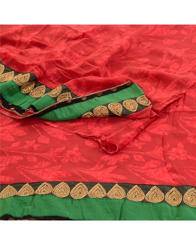 Sanskriti Vintage Red Indian Sarees Print Lace Work Blend Georgette Sari Fabric, PRG-2265-Dark Red-Printed Floral Design-Blend Georgette-18