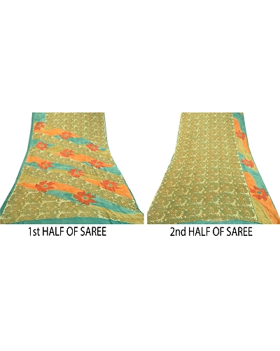 Sanskriti Vintage Green Sarees Pure Georgette Silk Printed Sari 5Yd Craft Fabric, PRG-2300-Green-Printed Floral &amp; Paisley Design-Pure Georgette Silk-14