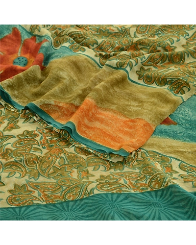 Sanskriti Vintage Green Sarees Pure Georgette Silk Printed Sari 5Yd Craft Fabric, PRG-2300-Green-Printed Floral &amp; Paisley Design-Pure Georgette Silk-16