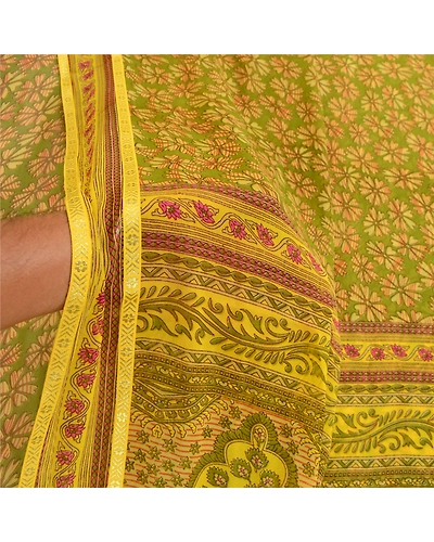 Sanskriti Vintage Green Indian Sarees Printed Georgette Sari Floral Craft Fabric, PRG-2420-Green-Printed Floral Design-Poly Georgette-13