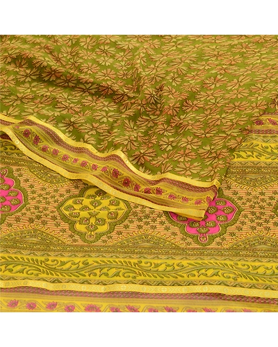 Sanskriti Vintage Green Indian Sarees Printed Georgette Sari Floral Craft Fabric, PRG-2420-Green-Printed Floral Design-Poly Georgette-16