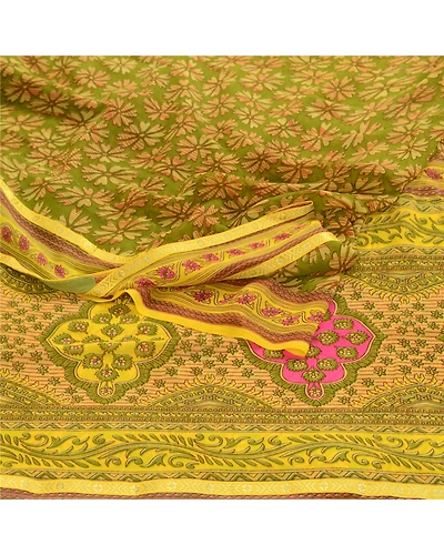 Sanskriti Vintage Green Indian Sarees Printed Georgette Sari Floral Craft Fabric, PRG-2420-Green-Printed Floral Design-Poly Georgette-18