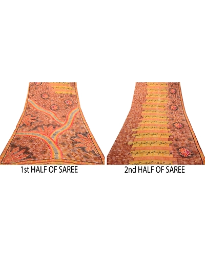 Sanskriti Vintage Brown Sarees Indian Pure Georgette Silk Printed Sari Fabric, PRG-2472-Brown-Printed Floral Design-Pure Georgette Silk-14
