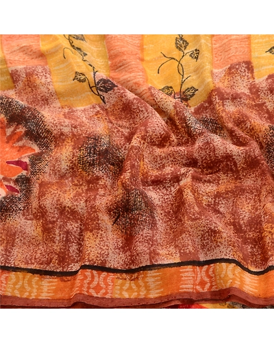 Sanskriti Vintage Brown Sarees Indian Pure Georgette Silk Printed Sari Fabric, PRG-2472-Brown-Printed Floral Design-Pure Georgette Silk-15